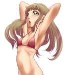  1girl arms_up bikini blush breasts brown_hair cleavage collarbone ears eyebrows_visible_through_hair green_eyes groin highres long_hair midriff open_mouth original red_bikini ribs simple_background skinny small_breasts swimsuit upper_body user_hnvu2732 