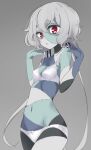  1girl :o bra breasts eyebrows_visible_through_hair grey_hair highres itamochi konno_junko long_hair looking_at_viewer navel panties patchwork_skin red_eyes simple_background small_breasts solo twintails underwear underwear_only white_bra white_hair white_panties zombie zombie_land_saga 