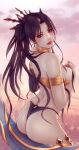  1girl armlet ass bangs bikini black_hair blurry blurry_background breasts crown earrings elbow_gloves fate_(series) gloves heavenly_boat_maanna hoop_earrings ishtar_(fate) ishtar_(fate)_(all) jewelry lips looking_at_viewer looking_back medium_breasts mismatched_bikini neck_ring parted_bangs red_eyes single_elbow_glove solo soranamae swimsuit two_side_up 