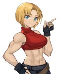  1girl abs armpits bare_shoulders belt black_gloves blonde_hair blue_eyes blue_mary bob_cut breasts closed_mouth commentary covered_collarbone cowboy_shot crop_top denim fatal_fury gloves hair_intakes hand_up highres index_finger_raised korean_commentary light_smile looking_at_viewer medium_breasts midriff multiple_belts muscular muscular_female navel parted_hair pose shirt short_hair simple_background solo sookmo the_king_of_fighters turtleneck 