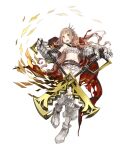  1girl :d armored_boots belt blonde_hair boots cape eyebrows_visible_through_hair frilled_swimsuit frills full_body gauntlets hair_ribbon ji_no little_red_riding_hood_(sinoalice) long_hair looking_at_viewer navel official_art open_mouth orange_eyes ribbon scissors sinoalice smile solo swimsuit torn_cape torn_clothes transparent_background upper_teeth 