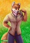  anthro canid canine canis clothing dean_(wanderer1708) dingo duo male mammal marsupial petaurid phalangeriform smile sugar_glider toxi_de_vyne_(artist) 