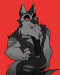  2021 anthro bottomwear canid canid_demon canine canis clothing demon eye_scar facial_scar fangs hand_on_hip hellhound helluva_boss hi_res madelezabeth male mammal muscular muscular_anthro muscular_male pants red_background scar simple_background solo spikes vortex_(vivzmind) wavy_mouth wolf 