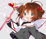  1girl akemaru antenna_hair blush brown_hair cardcaptor_sakura eyebrows_visible_through_hair fuuin_no_tsue green_eyes hair_bobbles hair_ornament highres holding holding_wand kinomoto_sakura looking_at_viewer magical_girl open_mouth sailor_collar school_uniform serafuku short_hair signature smile two_side_up wand 