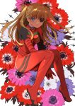  1girl anemone_(flower) arms_between_legs bangs between_legs black_eyepatch blue_eyes blue_flower bodysuit breasts bright_pupils circle closed_mouth evangelion:_3.0_you_can_(not)_redo expressionless eyebrows_behind_hair eyepatch floating_hair floral_background flower full_body hair_ornament hairpods half-closed_eyes hand_between_legs highres invisible_chair joniko1110 leaf light_brown_hair long_hair looking_at_viewer neon_genesis_evangelion one_eye_covered orange_hair outstretched_arms pilot_suit pink_flower plugsuit purple_flower rebuild_of_evangelion red_bodysuit red_flower shaded_face shikinami_asuka_langley simple_background sitting small_breasts solo souryuu_asuka_langley two_side_up v_arms white_flower 