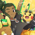  1boy :t alolan_form alolan_raichu closed_mouth clothed_pokemon commentary_request dark_skin dark_skinned_male eyewear_on_head fang gen_1_pokemon gen_7_pokemon green_hair guzma_(pokemon) hau_(pokemon) heart hood hoodie jewelry looking_at_viewer male_focus necklace one_eye_closed open_mouth packet pikachu pokemon pokemon_(creature) pokemon_(game) pokemon_sm sewenan shirt shoes short_sleeves smile sunglasses tongue 