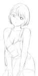  1girl agent_aika aika_(series) alternate_costume azelweien bare_shoulders black_delmo bra breasts cleavage collarbone greyscale looking_at_viewer monochrome overalls parted_lips short_hair sketch strap_slip traditional_media underwear yuki_(agent_aika) 