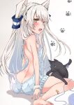 1girl amatsukaze_(kantai_collection) animal ass backless_outfit bandaid bandaid_on_leg bangs black_cat blush breasts butt_crack cat chigasaki_y commentary_request fang fur hair_tubes hairband highres kantai_collection long_hair meme_attire naked_sweater open_mouth paw_print ribbon silver_hair simple_background sitting sleeveless small_breasts solo sweater turtleneck turtleneck_sweater two_side_up virgin_killer_sweater wristband yarn yarn_ball yellow_eyes 