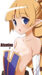  1girl archer_(disgaea) backless_dress backless_outfit bare_shoulders belt blonde_hair blue_eyes detached_sleeves disgaea dress drill_hair eyebrows_visible_through_hair flat_chest iwashi_dorobou_-r- long_hair open_mouth pantyhose pointy_ears simple_background solo strapless strapless_dress twintails white_background 
