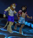  anthro beach chibi-marrow clothing duo felid lion male mammal night pantherine seaside sky swimming_trunks swimwear tidal_wave 