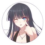  1girl ;p bangs black_hair blue_eyes blunt_bangs blush breasts cleavage collarbone eyebrows_visible_through_hair highres index_finger_raised jewelry lixiang_guo_alice long_hair looking_at_viewer necklace one_eye_closed portrait shiny shiny_hair simple_background solo tongue tongue_out touma_kazusa white_album_2 white_background 
