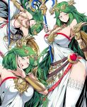  1girl armlet breasts cleavage dress forehead_jewel goddess green_eyes green_hair highres jewelry kid_icarus large_breasts laurel_crown legs long_hair one_eye_closed palutena pendant shimure_(460) side_slit single_thighhigh solo staff strapless strapless_dress super_smash_bros. thighhighs thighs tiara vambraces white_legwear 