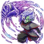  1boy :d colored_sclera colored_skin dragon_ball dragon_ball_super earrings evil fused_zamasu green_skin grey_eyes jewelry male_focus mismatched_sclera open_mouth potara_earrings punching purple_skin purple_slime red_eyes ring smile solo spiked_hair teba_makoto veins white_hair yellow_sclera 