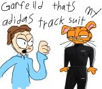  absurd_res adidas angry black_pupils blue_clothing blue_shirt blue_topwear bottomwear brown_hair clothing domestic_cat duo english_text felid feline felis fur garfield_(series) garfield_the_cat hair hi_res human humor jon_arbuckle littleavara male mammal multicolored_body multicolored_fur not_furry orange_body orange_fur pink_inner_ear pink_nose pupils raised_arm shirt simple_background standing text text_on_clothing tone topwear tracksuit two_tone_body two_tone_fur whiskers white_background 