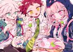  ! 1girl 2boys :o animal_ears animal_hood arm_up backpack bag black_pants border breasts brown_hair buttons cat cat_hood claw_pose commentary controller danganronpa_(series) danganronpa_2:_goodbye_despair dango dot_nose eating eyebrows_visible_through_hair eyelashes fake_animal_ears feet_out_of_frame fish_in_mouth flipped_hair food food_in_mouth game_controller green_eyes green_jacket green_neckwear hair_ornament hairclip handheld_game_console highres hinata_hajime holding holding_controller holding_food holding_game_controller hood hood_up hooded_jacket jacket komaeda_nagito large_breasts looking_at_another looking_down medium_hair multiple_boys nanami_chiaki necktie open_mouth osshouri55 pants pink_background pink_eyes pink_hair pink_neckwear pleated_skirt shirt short_hair simple_background sitting skirt spoken_exclamation_mark sticker thought_bubble triangle_mouth wagashi wavy_hair white_shirt yellow_eyes yellow_skirt 