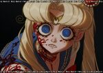  1girl artist_name bishoujo_senshi_sailor_moon black_background blonde_hair blood blood_on_face bloody_clothes blue_eyes blue_sailor_collar choker circlet clenched_teeth crescent crescent_earrings derivative_work earrings heart heart_choker holy_ravioli jewelry long_hair ringed_eyes sailor_collar sailor_moon sailor_moon_redraw_challenge school_uniform screencap_redraw serafuku shirt solo teeth tsukino_usagi twintails white_shirt wide-eyed 