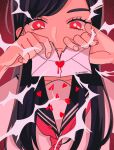  1girl artist_name black_hair black_sailor_collar bright_pupils diamond-shaped_pupils diamond_(shape) heart holding holding_letter letter long_hair looking_at_viewer mob_psycho_100 myon_(tokipi) neckerchief red_eyes red_neckwear sailor_collar solo symbol-shaped_pupils takane_tsubomi upper_body white_pupils 