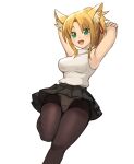  1girl :d absurdres animal_ears armpits arms_behind_head arms_up black_legwear black_skirt blonde_hair breasts commission dog_days fox_ears fox_girl fox_tail green_eyes hair_ribbon highres light_blush long_hair open_mouth pantyhose pixiv_request ponytail red_ribbon ribbon simple_background skirt sleeveless smile solo sookmo tail white_background yukikaze_panettone 