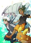  :d alolan_form alolan_raichu black_hair black_hoodie black_pants black_shirt commentary_request gen_7_pokemon golisopod green_hair guzma_(pokemon) hand_in_pocket hau_(pokemon) hood hoodie knees multicolored_hair open_mouth orange_footwear orange_shorts pants parted_lips pokemon pokemon_(creature) pokemon_(game) pokemon_sm sandals sewenan shirt shorts smile sunglasses teeth tongue two-tone_hair watch white_hair white_shirt wristwatch yellow-framed_eyewear 