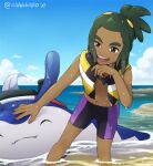  1boy bare_arms bike_shorts cloud commentary_request dark_skin dark_skinned_male day gen_2_pokemon green_hair hand_up hau_(pokemon) knees light_blush male_focus mantine open_mouth outdoors pokemon pokemon_(game) pokemon_usum sewenan sky smile sparkle standing teeth tongue wading water watermark 