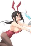  1girl animal_ears bangs black_hair black_legwear blush breasts brown_eyes bunny_ears bunny_tail cherry commentary_request constricted_pupils covered_navel cup detached_collar drinking_glass drinking_straw eyebrows_visible_through_hair fake_animal_ears fake_tail food frown fruit highres kitano_(zekkyon) large_breasts leaning_forward leotard long_hair low_ponytail open_mouth original pantyhose playboy_bunny red_leotard red_neckwear sidelocks simple_background solo spilling standing strapless strapless_leotard tail tray tripping white_background wrist_cuffs zekkyon 