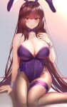  1girl absurdres animal_ears bangs bare_arms bare_shoulders blush bow bowtie breasts brown_hair brown_legwear bunny_ears cleavage collarbone detached_collar eyebrows_visible_through_hair fake_animal_ears fate/grand_order fate_(series) feet_out_of_frame gradient gradient_background hairband hand_on_own_chest highleg highleg_leotard highres komainu_(yamaha1997) large_breasts leotard looking_at_viewer pantyhose parted_lips pink_eyes playboy_bunny purple_bow purple_hairband purple_neckwear revision scathach_(fate)_(all) scathach_(fate/grand_order) sitting smile solo thigh_strap wrist_cuffs yokozuwari 
