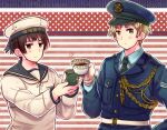  2boys axis_powers_hetalia bangs blonde_hair blue_jacket blue_sailor_collar brown_eyes brown_hair closed_mouth clothes_writing cup green_eyes hat himaruya_hidekazu_(style) holding holding_cup jacket japan_(hetalia) kuro long_sleeves military military_uniform multiple_boys polka_dot polka_dot_background sailor sailor_collar sailor_hat simple_background striped striped_background teacup thick_eyebrows uniform united_kingdom_(hetalia) upper_body yunomi 