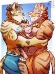  3:4 anthro anthro_on_anthro bottomwear briefs clothed clothing clouded_leopard collar felid feline glomp group hi_res hug leopard_cat likulau lin_hu loincloth male male/male mammal muscular muscular_male nekojishi nipples pantherine prionailurus shu-chi spots stripes studio_klondike tattoo tiger topless underwear ventkazemaru video_games visual_novel 