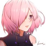  1girl armored_leotard bangs bare_shoulders black_leotard blush commentary_request eyebrows_visible_through_hair fate/grand_order fate_(series) hair_over_one_eye kosumi leotard looking_away mash_kyrielight parted_bangs pink_hair purple_eyes revision short_hair signature simple_background solo upper_body white_background 