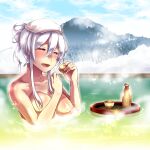  1girl blush bottle breasts caffein closed_eyes commentary commission cup day hair_bun large_breasts medium_hair mountain nude onsen open_mouth outdoors partially_submerged sake_bottle silver_hair skeb_commission smile solo steam towel towel_on_head tray upper_body vocaloid voyakiloid yowane_haku 