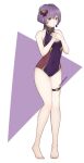  1girl absurdres bare_shoulders barefoot bernadetta_von_varley cleavage_cutout clothing_cutout english_commentary eyebrows_behind_hair fire_emblem fire_emblem:_three_houses grey_eyes hair_ribbon highres leg_strap leitz_acaroline one-piece_swimsuit own_hands_together purple_hair ribbon solo swimsuit twitter_username 