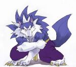  2006 anthro barazoku black_nose blue_body blue_fur bottomwear canid canine canis capcom clothing darkstalkers fur jon_talbain kemono leopon low_res male mammal pants simple_background solo video_games white_background white_body white_fur wolf 