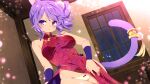  1girl animal_ears bow bow_panties breasts china_dress chinese_clothes closed_mouth cowboy_shot dress dutch_angle floral_print game_cg highres indoors medium_breasts non-web_source panties pelvic_curtain purple_eyes purple_hair red_dress sakura_knight shiny shiny_skin side_ponytail sidelocks skindentation smile solo string_panties tail tail_ornament underwear wanaca white_panties 