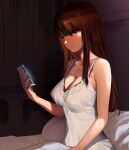 1girl a1 bangs bare_shoulders breasts brown_eyes brown_hair cellphone cleavage closed_mouth covered_nipples dress girls_und_panzer hime_cut large_breasts long_hair looking_at_phone nightgown nishizumi_shiho phone pillow sitting smartphone sweat sweatdrop white_dress 
