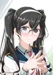  1girl alternate_hairstyle black_hair blue_eyes blue_sailor_collar blue_shirt blush closed_mouth collared_shirt eyebrows_visible_through_hair glasses hair_between_eyes kantai_collection long_hair long_sleeves mikage_takashi necktie ooyodo_(kantai_collection) red_neckwear sailor_collar school_uniform serafuku shirt solo twintails twitter_username upper_body 