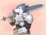  2006 anthro armor black_nose blue_body blue_fur canid canine canis clothed clothing domestic_dog fur humanoid_hands kemono leopon male mammal simple_background solo weapon white_body white_fur 