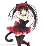  1girl animal_ears armpits bare_shoulders black_dress black_hair black_legwear breasts cat_ears cat_tail choker cleavage clock_eyes copyright_name date_a_live dress garter_straps looking_at_viewer multicolored multicolored_eyes official_art open_mouth paw_pose red_dress red_footwear red_headwear sleeveless sleeveless_dress standing standing_on_one_leg symbol-shaped_pupils tail tokisaki_kurumi tsunako twintails two-tone_dress white_background 