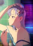  1girl adjusting_hair bare_shoulders blue_tank_top breasts cable cyborg from_side highres holding holding_cable long_hair mebae nail_polish no_bra off_shoulder original purple_eyes purple_hair small_breasts solo tank_top tile_wall tiles upper_body window 