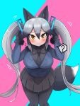  1girl ? alternate_hair_length alternate_hairstyle animal_ears aramaru bangs black_gloves black_hair black_legwear black_neckwear black_shirt black_skirt blazer blue_jacket blush bow bowtie breasts closed_mouth eyebrows_visible_through_hair fox_ears fox_tail frown fur-trimmed_sleeves fur_trim gloves gradient_hair hair_up hands_in_hair highres jacket kemono_friends large_breasts leaning_forward long_hair miniskirt motion_lines multicolored multicolored_background multicolored_hair necktie orange_eyes pantyhose pleated_skirt shirt sidelocks silver_fox_(kemono_friends) silver_hair skirt solo spoken_question_mark sweatdrop tail twintails very_long_hair 