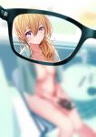  1girl bathroom blonde_hair blurry_vision blush breasts cleavage convenient_censoring eyebrows_visible_through_hair eyewear_view glasses hair_between_eyes highres holding holding_eyewear holding_phone kagawa_ichigo long_hair looking_at_viewer nude open_mouth original phone pov purple_eyes sitting solo_focus towel towel_around_neck wet wet_hair 