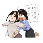  2girls :3 adjusting_clothes beige_sweater black_skirt blue_eyes blue_shirt blush brown_hair brown_skirt closed_eyes collar collared_shirt constricted_pupils cowlick douki-chan&#039;s_rival_(yomu_(sgt_epper)) douki-chan_(yomu_(sgt_epper)) dress_shirt ear_piercing earrings ganbare_douki-chan highres jewelry long_sleeves multiple_girls pantyhose pencil_skirt piercing shirt sidelocks simple_background skirt sleeves_rolled_up smile speech_bubble translation_request turtleneck upper_body white_background white_collar yomu_(sgt_epper) 
