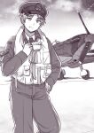  1boy aircraft axis_powers_hetalia bangs cup greyscale hand_on_hip hat himaruya_hidekazu_(style) holding holding_cup jacket kuro long_sleeves male_focus military military_uniform monochrome open_mouth outdoors pants solo teacup thick_eyebrows uniform united_kingdom_(hetalia) vest 