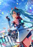  1girl aqua_eyes aqua_hair bare_shoulders black_gloves blurry blurry_background building cable checkered checkered_flag commentary confetti cowboy_shot day detached_sleeves dress fingerless_gloves flag from_behind gloves goodsmile_racing grin hand_up hatsune_miku headphones headset holding holding_wrench impact_wrench kyashii_(a3yu9mi) logo long_hair looking_at_viewer looking_back one_eye_closed outdoors racing_miku racing_miku_(2020) sleeveless sleeveless_dress smile smiley_face solo strapless strapless_dress twintails v very_long_hair vocaloid white_dress white_sleeves wrench 