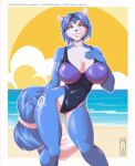  anthro beach big_breasts breasts butt_from_the_front camel_toe canid canine cleavage clothed clothing female fox krystal llmixll mammal nintendo one-piece_swimsuit seaside smile solo star_fox swimwear video_games wide_hips 