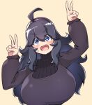  1girl @_@ alternate_breast_size blush breasts double_v dress hair_between_eyes hairband hex_maniac_(pokemon) huge_breasts long_hair looking_at_viewer messy_hair open_mouth pokemon pokemon_(game) pokemon_xy purple_hair purple_hairband smile solo spiral_eyes sweater toudori v 