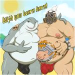  1:1 2_fingers absurd_res anthro beach belly belly_grab benjibat big_belly blizzard_entertainment body_hair border bulge clothed clothing dc_comics duo english_text fingers fish gas_mask hand_on_shoulder hi_res human king_shark male mammal marine mask moobs musclegut navel nipples outie_navel overwatch overweight overweight_male pubes puffy_nipples roadhog_(overwatch) sea seaside shark skimpy sun tattoo text thong underwear video_games water white_border 