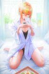  1girl absurdres arata_yokoyama barefoot black_panties blonde_hair breasts cleavage coffee coffee_mug cup egg food green_hair hair_between_eyes hair_intakes highres holding holding_cup interlocked_fingers looking_at_viewer mug on_bed open_clothes open_shirt original panties pillow plant shirt short_hair sitting smile solo steam sunny_side_up_egg toast tray unbuttoned underwear wariza white_shirt window 