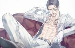  1boy abs belt black_belt black_hair couch eyepatch facial_hair gloves goatee hand_on_own_face irezumi jewelry looking_at_viewer lounging majima_gorou male_focus necklace open_clothes open_shirt pants ryuu_ga_gotoku shirt short_hair simple_background sitting snake_print talgi tattoo white_background white_eyepatch white_gloves white_pants white_shirt 