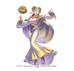  1girl alternate_costume alternate_hairstyle anbe_yoshirou arm_up armpits belt blonde_hair cape circlet collarbone commentary_request detached_sleeves dress fire_emblem fire_emblem_heroes floating floating_object flower full_body gold_belt gold_trim gradient_hair green_eyes hair_flower hair_ornament henriette_(fire_emblem) jewelry knees_together_feet_apart long_dress looking_to_the_side multicolored_hair open_mouth pink_hair rose sandals sapphire_(gemstone) shadow simple_background solo taut_clothes taut_dress vase watermark white_background white_cape white_dress wide_sleeves 