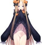  1girl abigail_williams_(fate) bangs black_bow black_dress blonde_hair bow censored closed_mouth cowboy_shot dress dress_lift fate/grand_order fate_(series) frilled_sleeves frills groin hair_bow highres lifted_by_self long_hair looking_at_viewer minazuki_juuzou mosaic_censoring mouth_hold navel no_panties orange_bow parted_bangs polka_dot polka_dot_bow pussy simple_background sleeves_past_fingers sleeves_past_wrists smile solo stomach straight_hair thighs very_long_hair white_background 